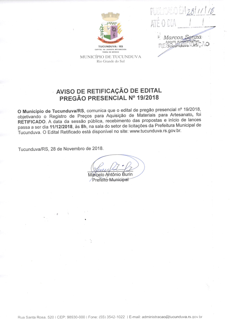 AVISO DE RETIFICAÇÃO - EDITAL DE PREGÃO PRESENCIAL Nº 19/2018 - REGISTRO DE PREÇOS DE MATERIAIS PARA ARTESANATO